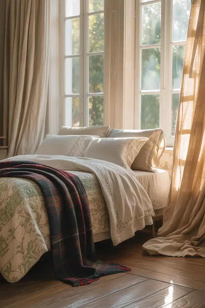 French Country Bedroom with Vintage Textiles 1