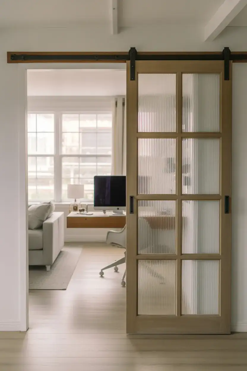 Glass Panel Barn Door for a Light-filled Home Office 2