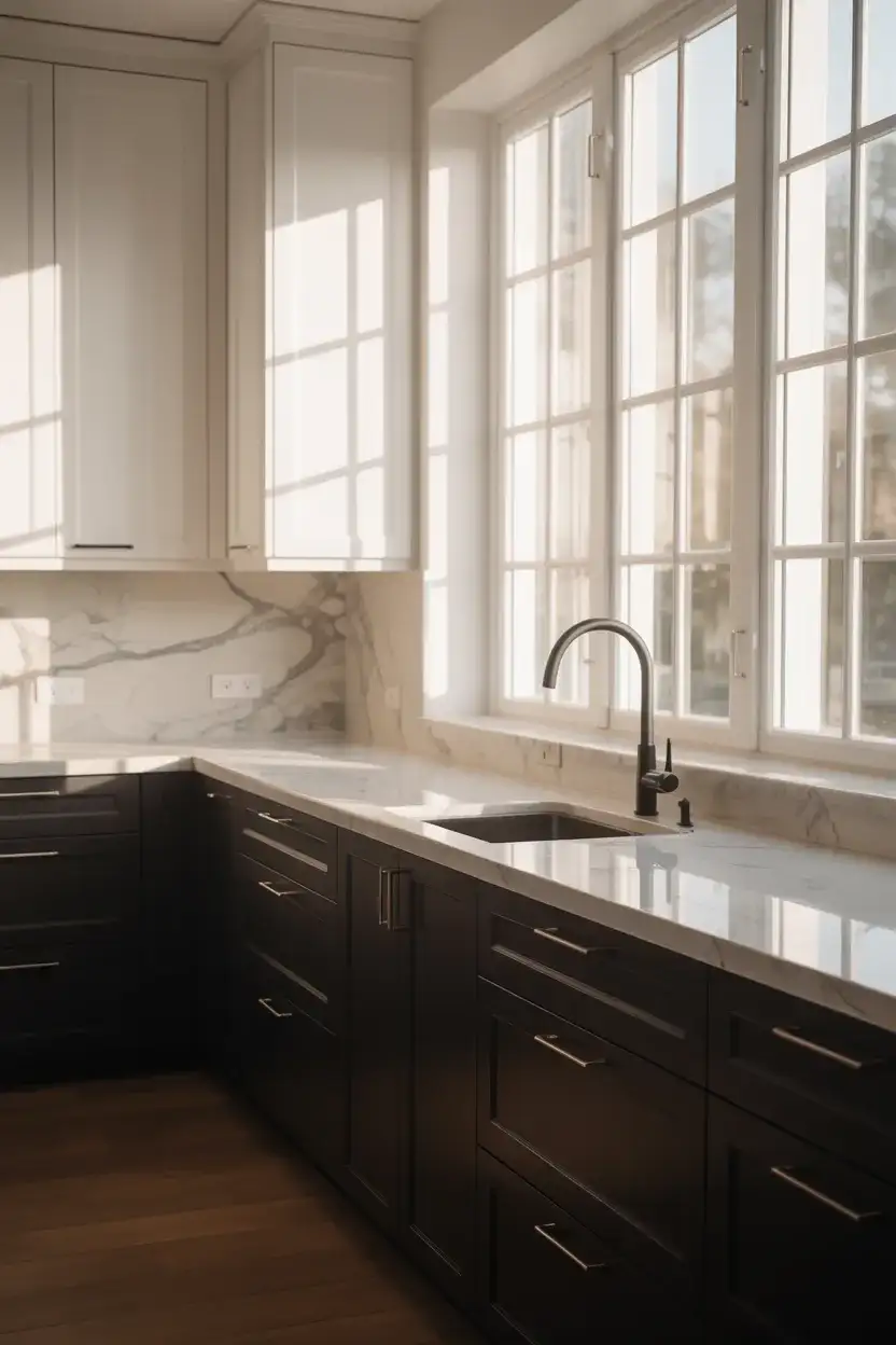 Glossy Black Cabinets with White Marble Countertops 1