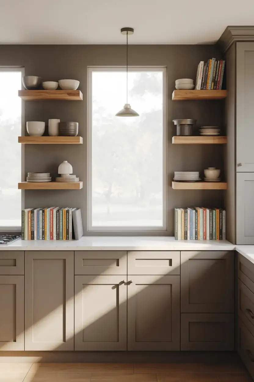 Gray Cabinets With Open Shelving Accents 1