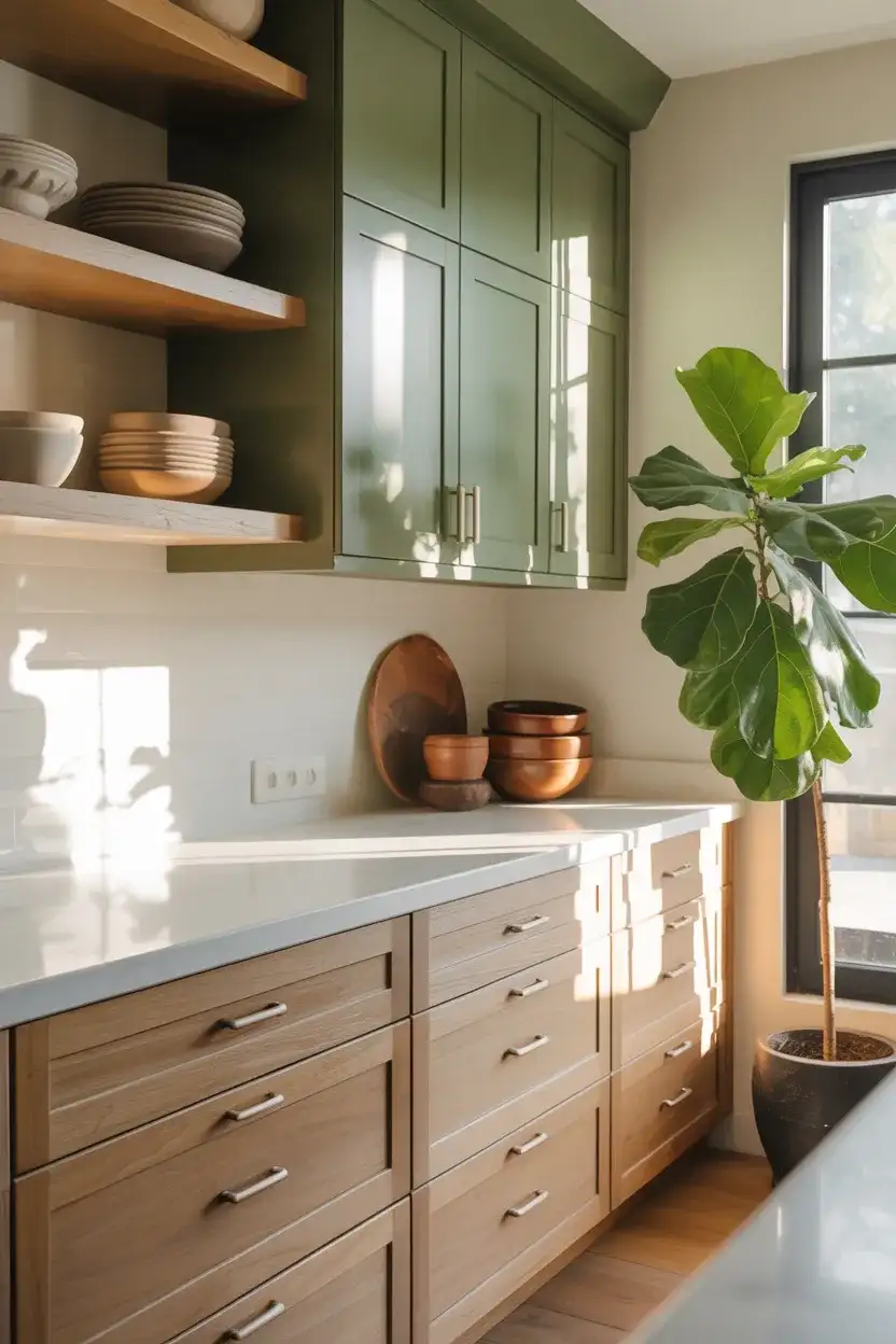 Green and White Oak Kitchen 1