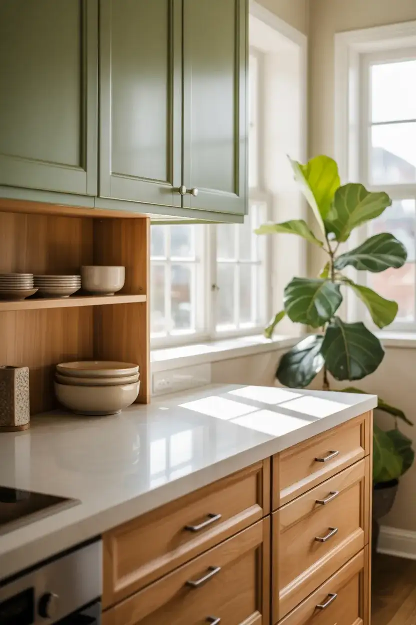 Green and White Oak Kitchen 2