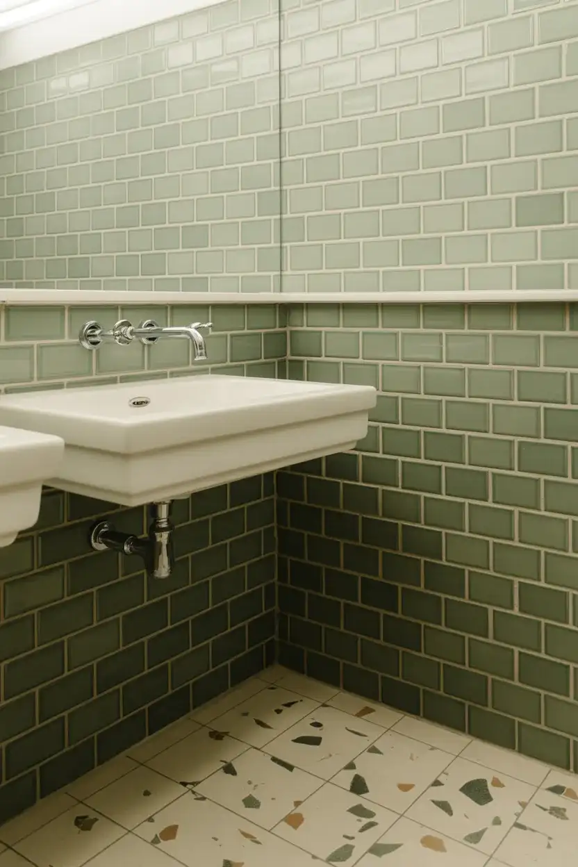Green and White Tile Powder Room With Terrazzo Accents 1