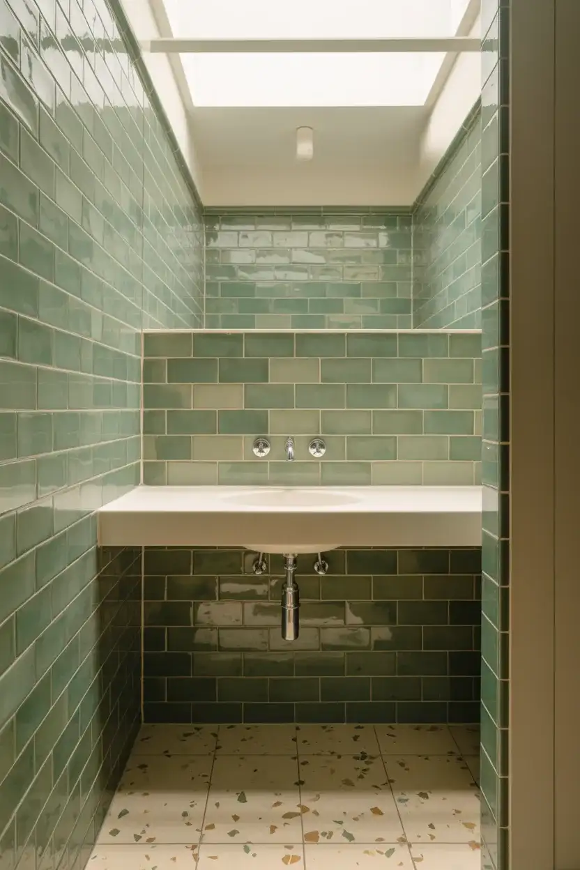 Green and White Tile Powder Room With Terrazzo Accents 2