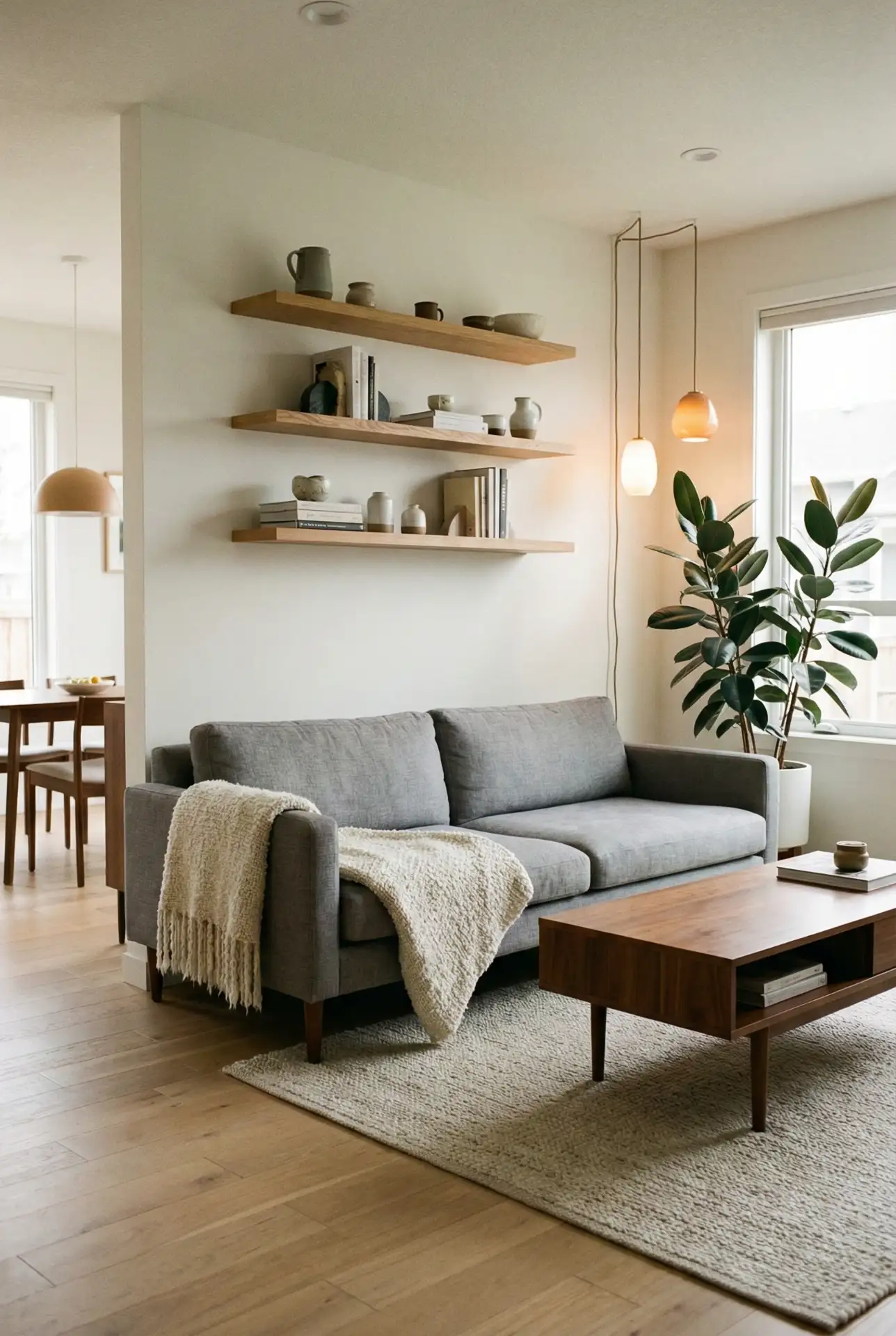 Grey Sofa with Warm Wood Accents 1