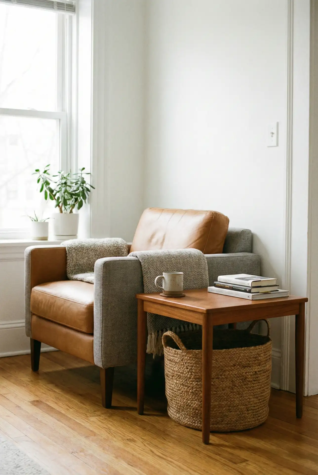 Grey Sofa with Warm Wood Accents 2