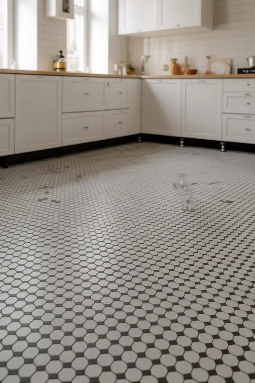 Hexagonal Black and White Floor Tile Pattern 1