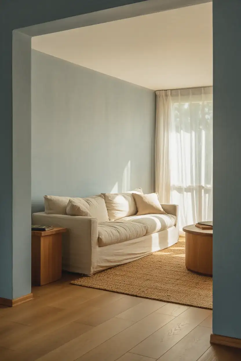 Light Blue Walls With Warm Wood and Linen 2