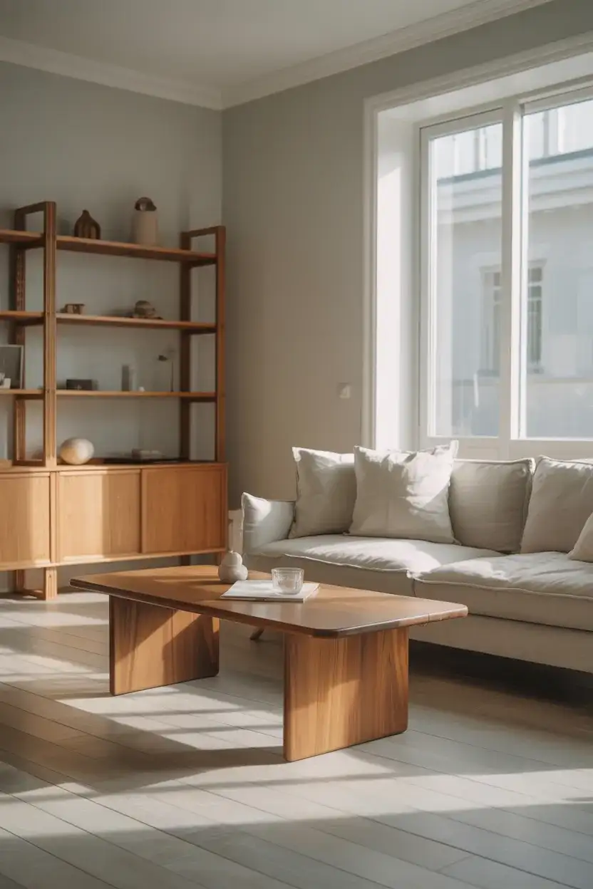 Light Grey Living Room with Natural Wood 1