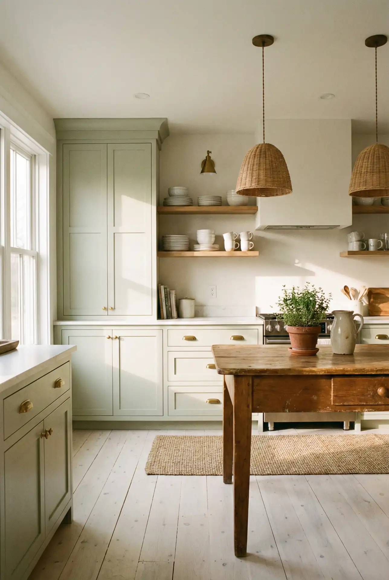 Light Sage Green Kitchen with Pale Wood Floors 1