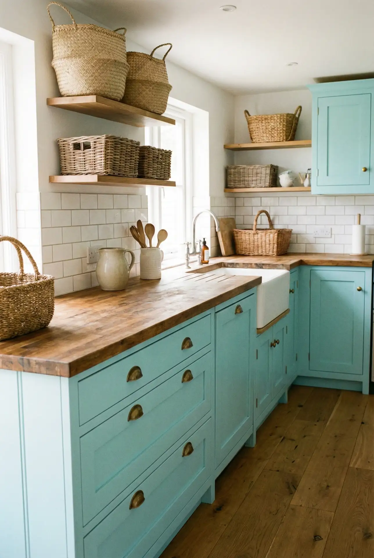 Light Turquoise Cabinets with Natural Wood Countertops 2