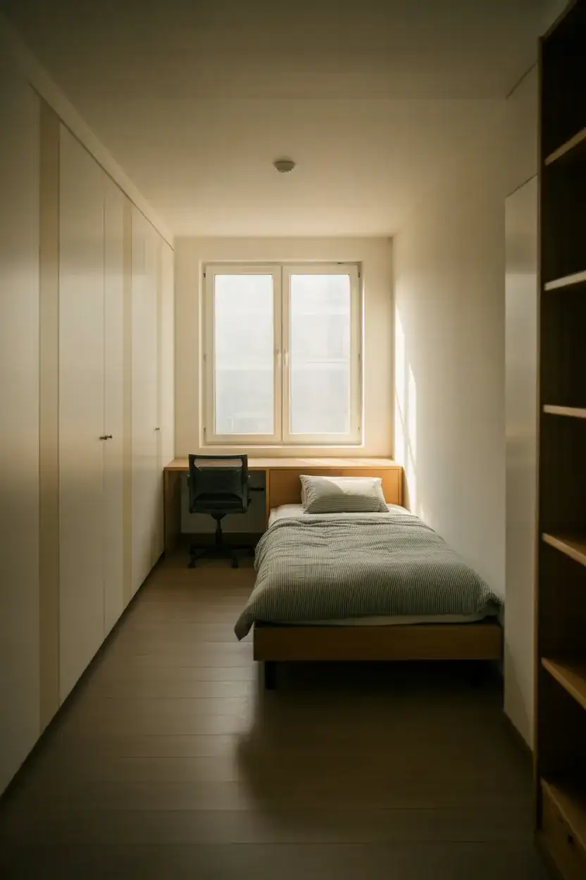 Long Narrow Layout With Bed Against the Wall 1