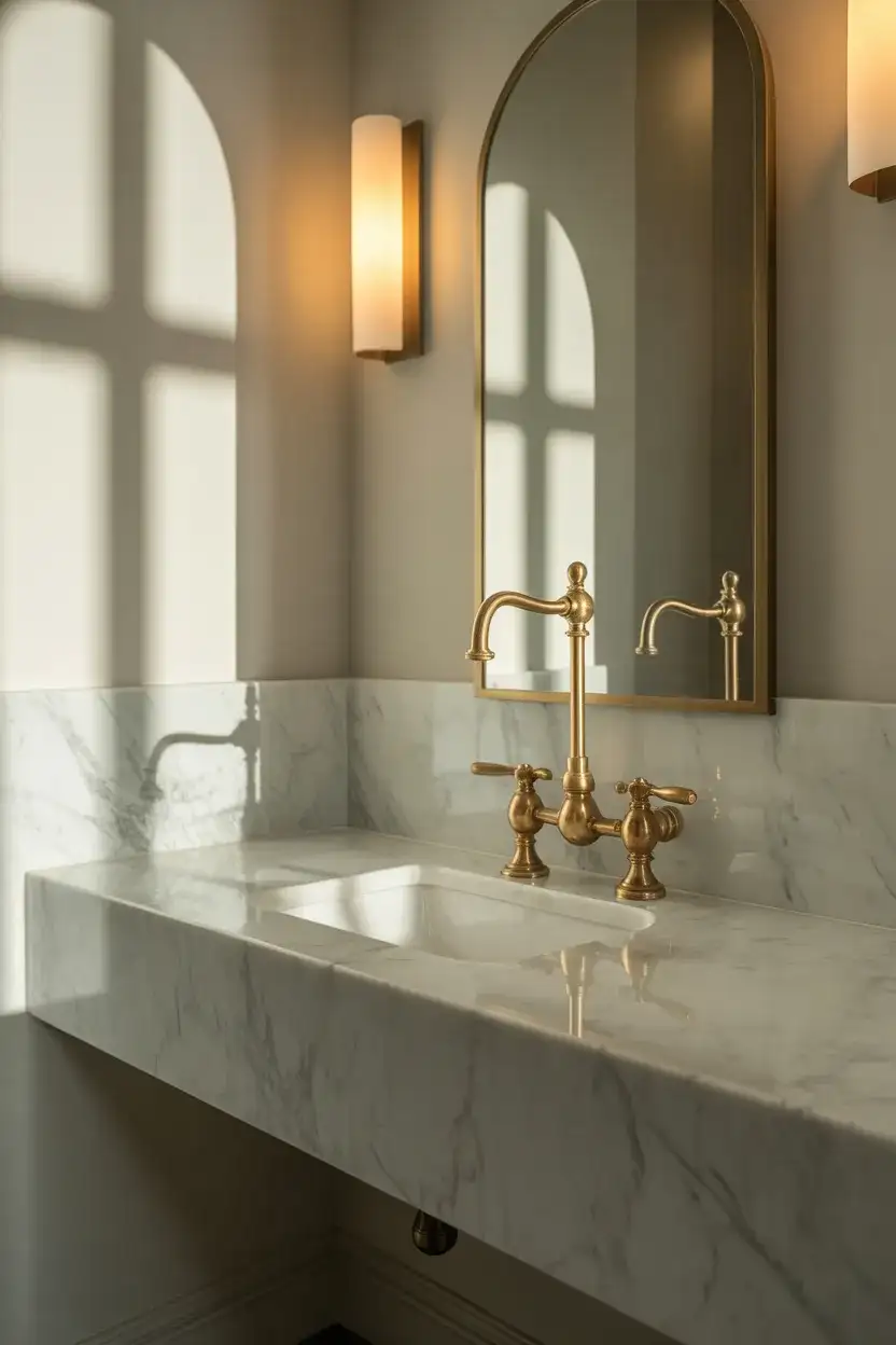 Luxury Powder Room With Marble and Brass 1