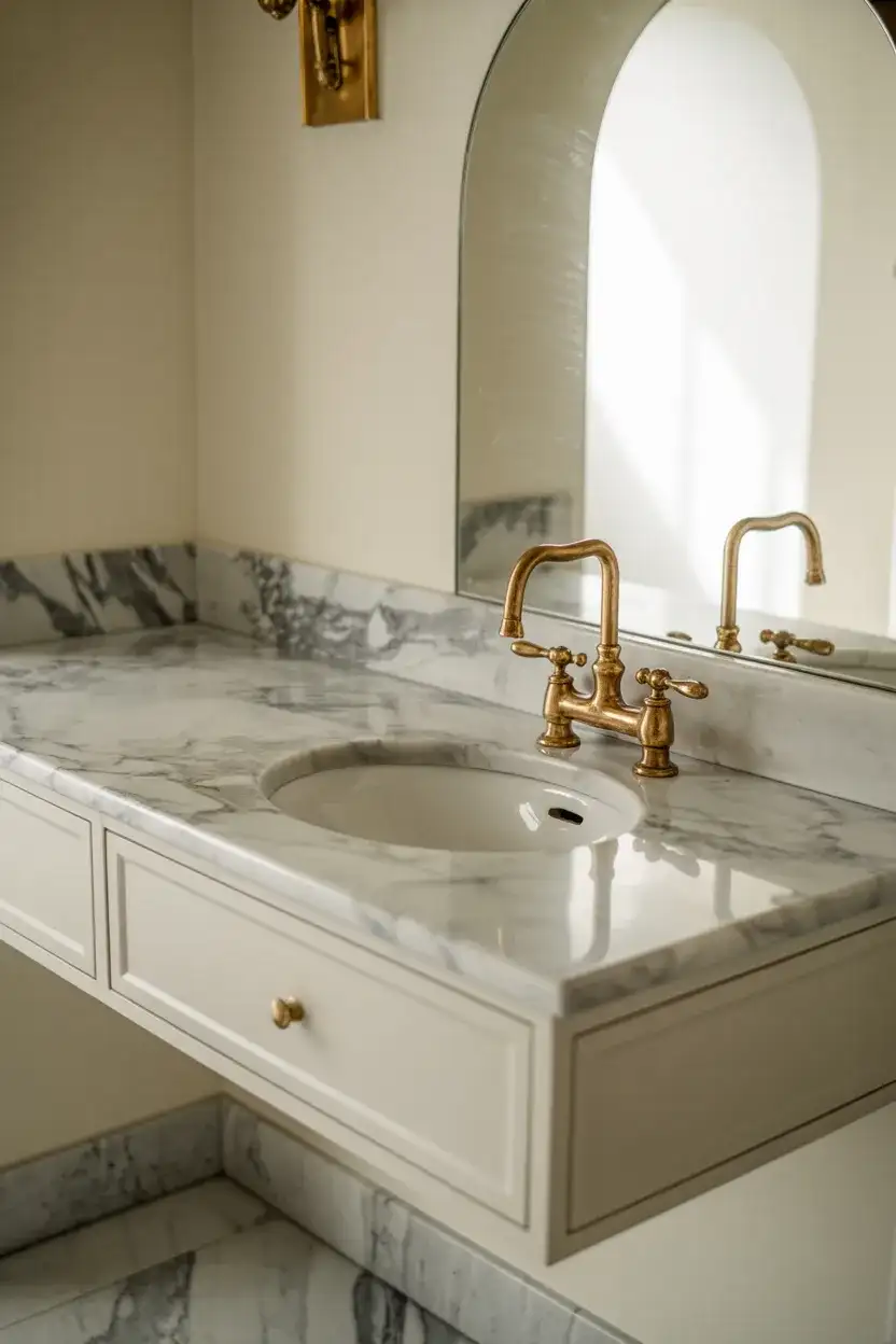 Luxury Powder Room With Marble and Brass 2