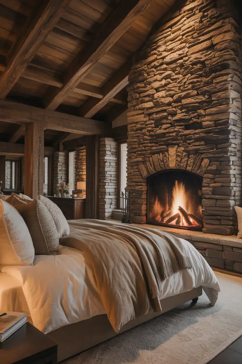 Luxury Rustic Bedroom with Stone Fireplace 1