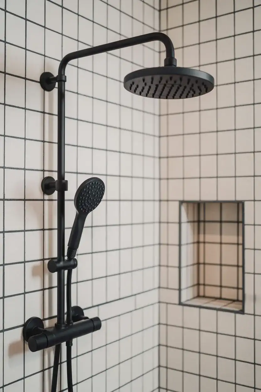 Matte Black Fixtures on White Grid Tile 1