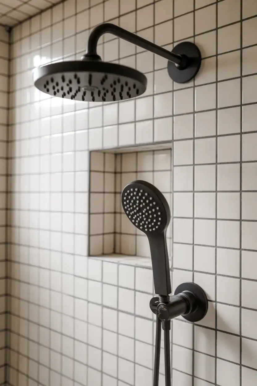 Matte Black Fixtures on White Grid Tile 2