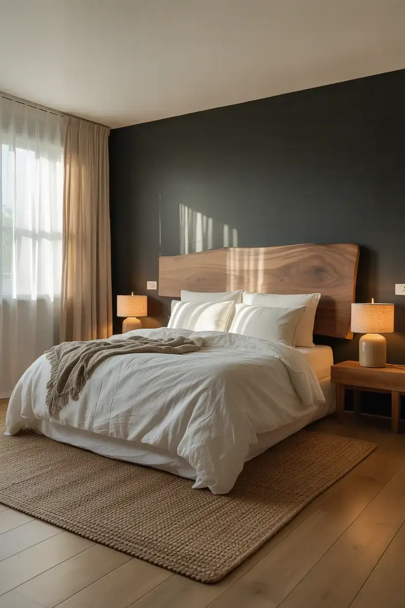 Matte Black Wall With Warm Wood Headboard 1