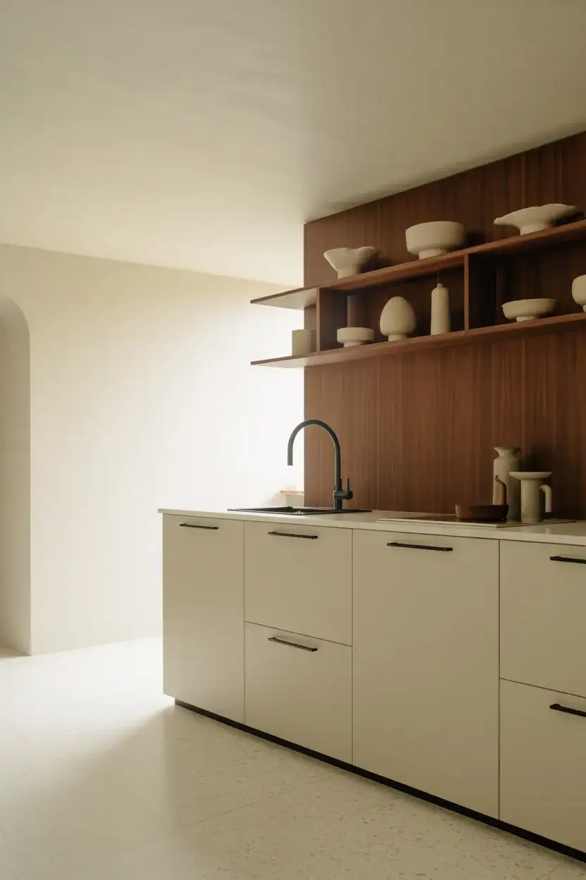 Minimalist Black and White Kitchen with Wood Accents 1
