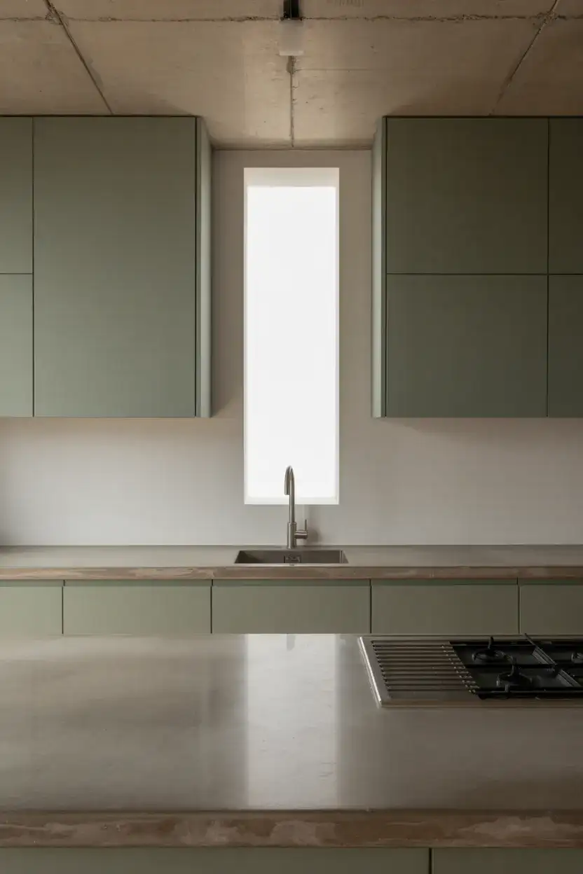 Minimalist Gray-Green Cabinets With Concrete Counters 1