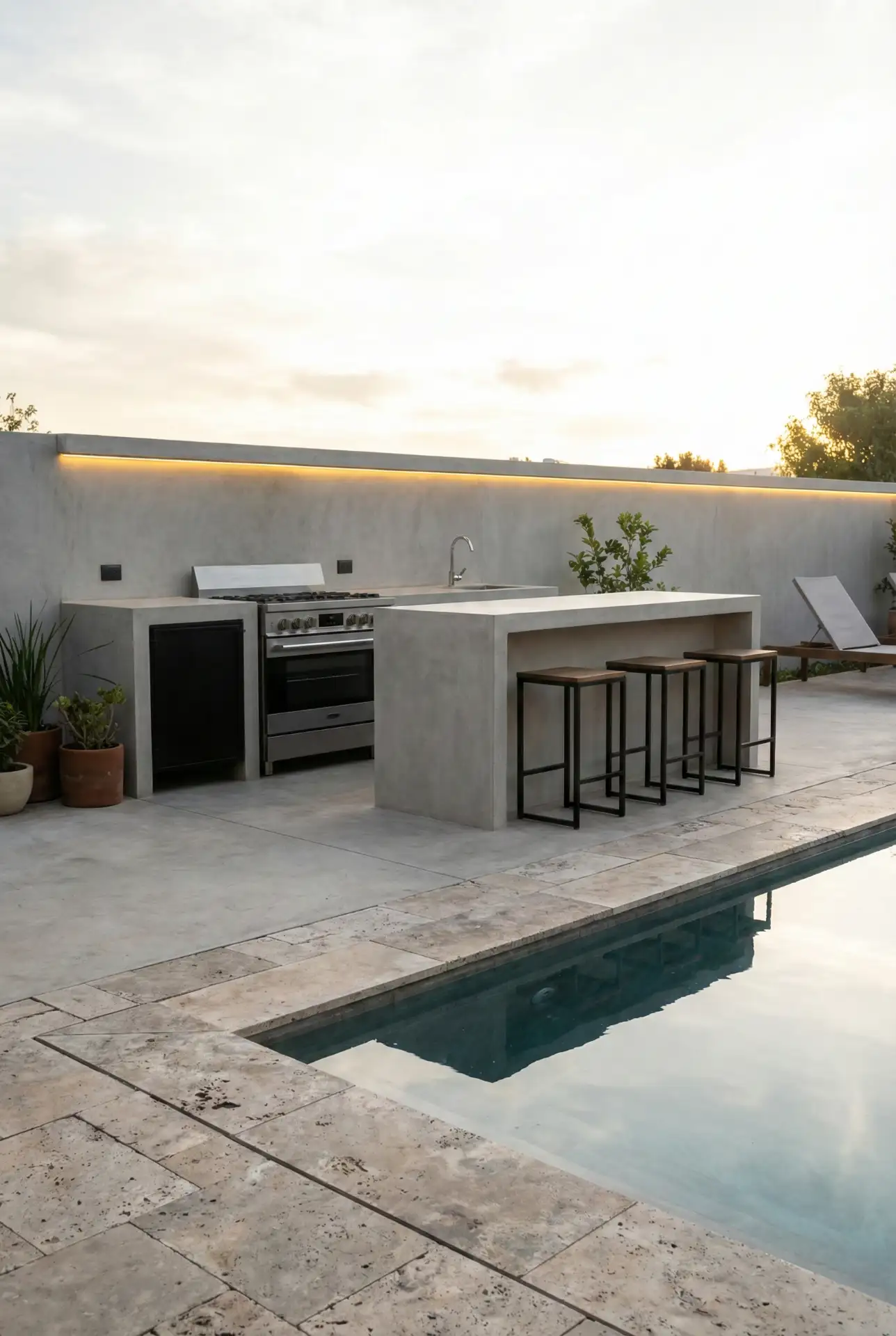 Modern Pool-Side Kitchen with Sleek Concrete Finishes 2