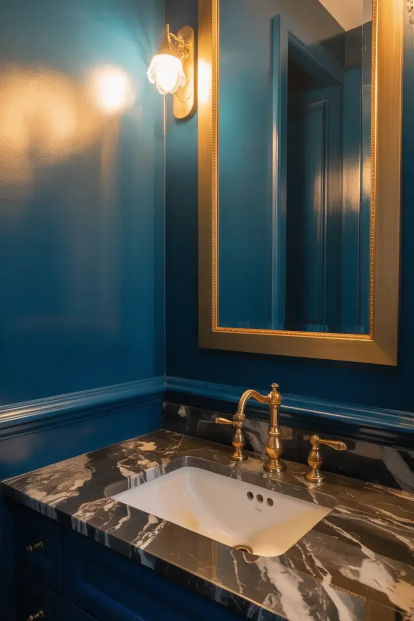 Moody Blue Half Bath With Gold Accents 1