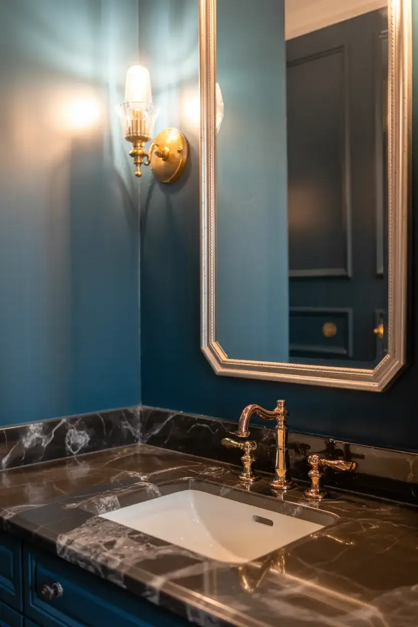 Moody Blue Half Bath With Gold Accents 2