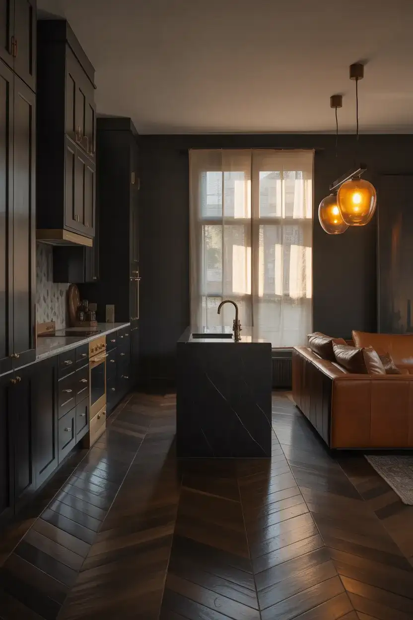 Moody Dark-Toned Open Kitchen Lounge 2