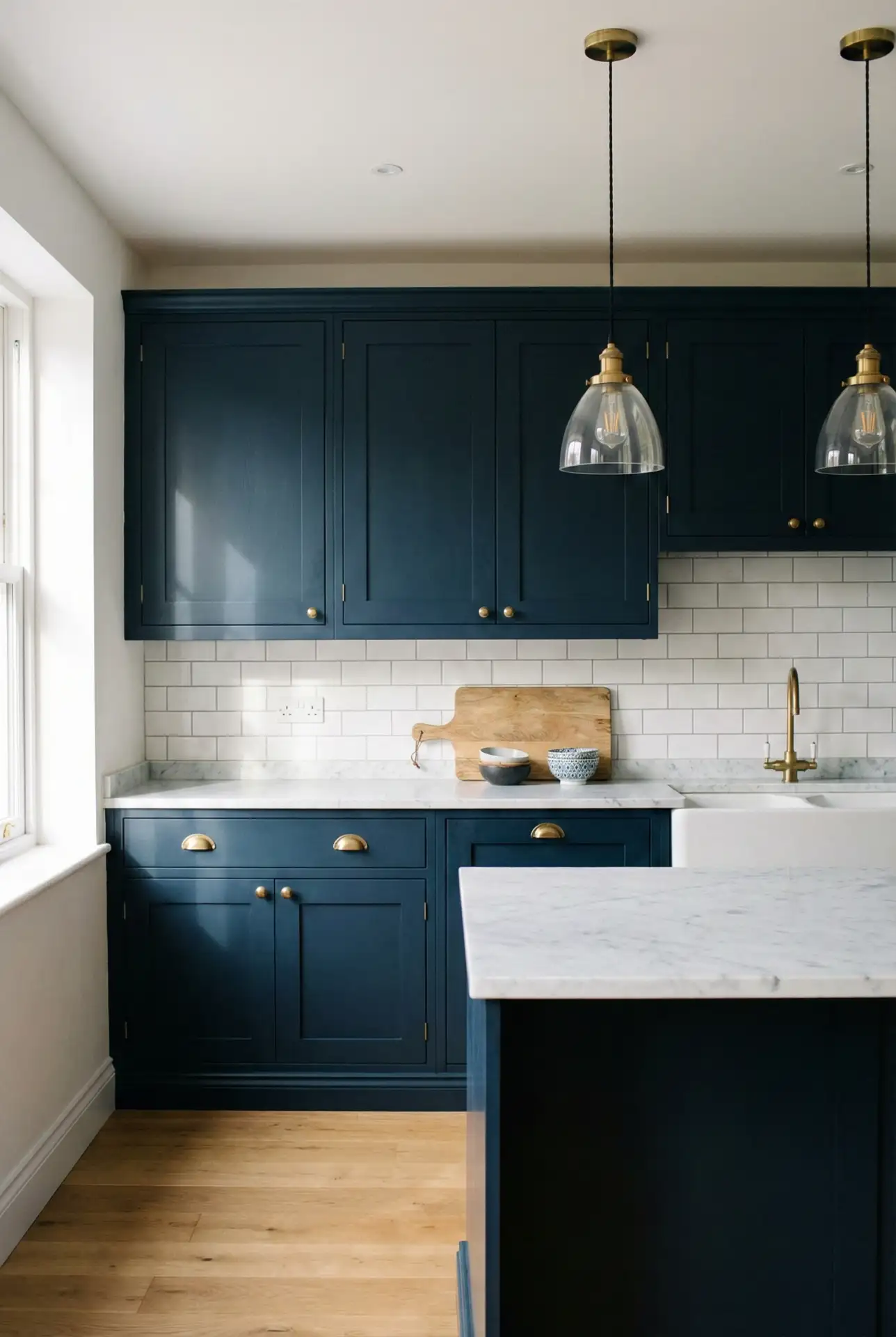 Navy Shaker Cabinets with Brass Hardware 1