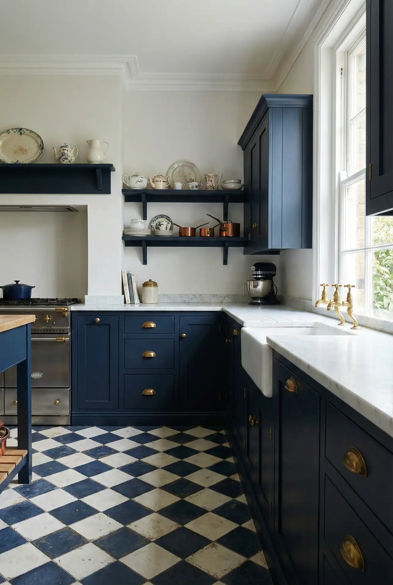Navy and White Checkerboard Floor with Blue Cabinets 1