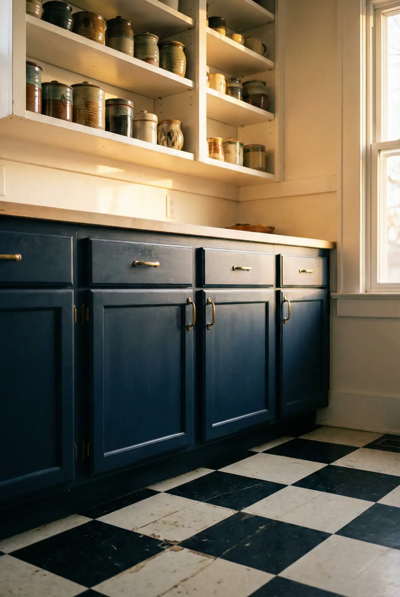 Navy and White Checkerboard Floor with Blue Cabinets 2