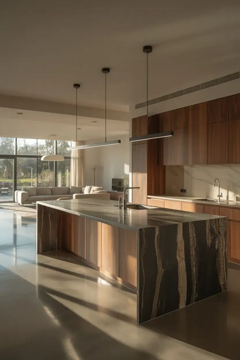 Open Kitchen With a Floating Island and Living Room View 1