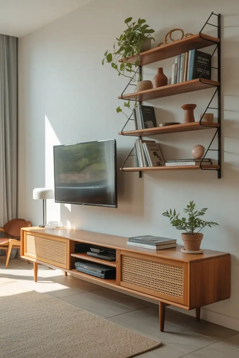 Open Shelving Above a Low Media Console 1