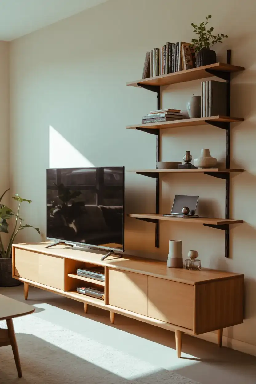 Open Shelving Above a Low Media Console 2