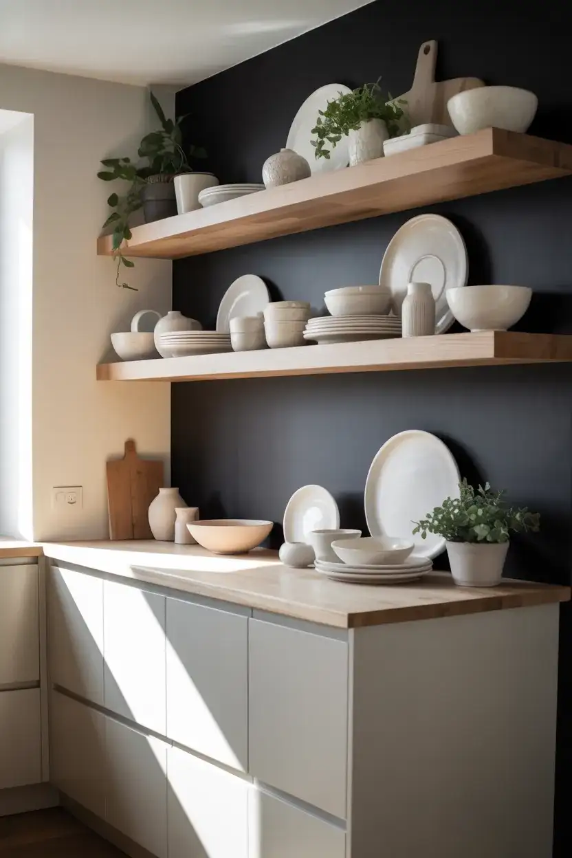 Open Shelving in a Black and White Kitchen 1