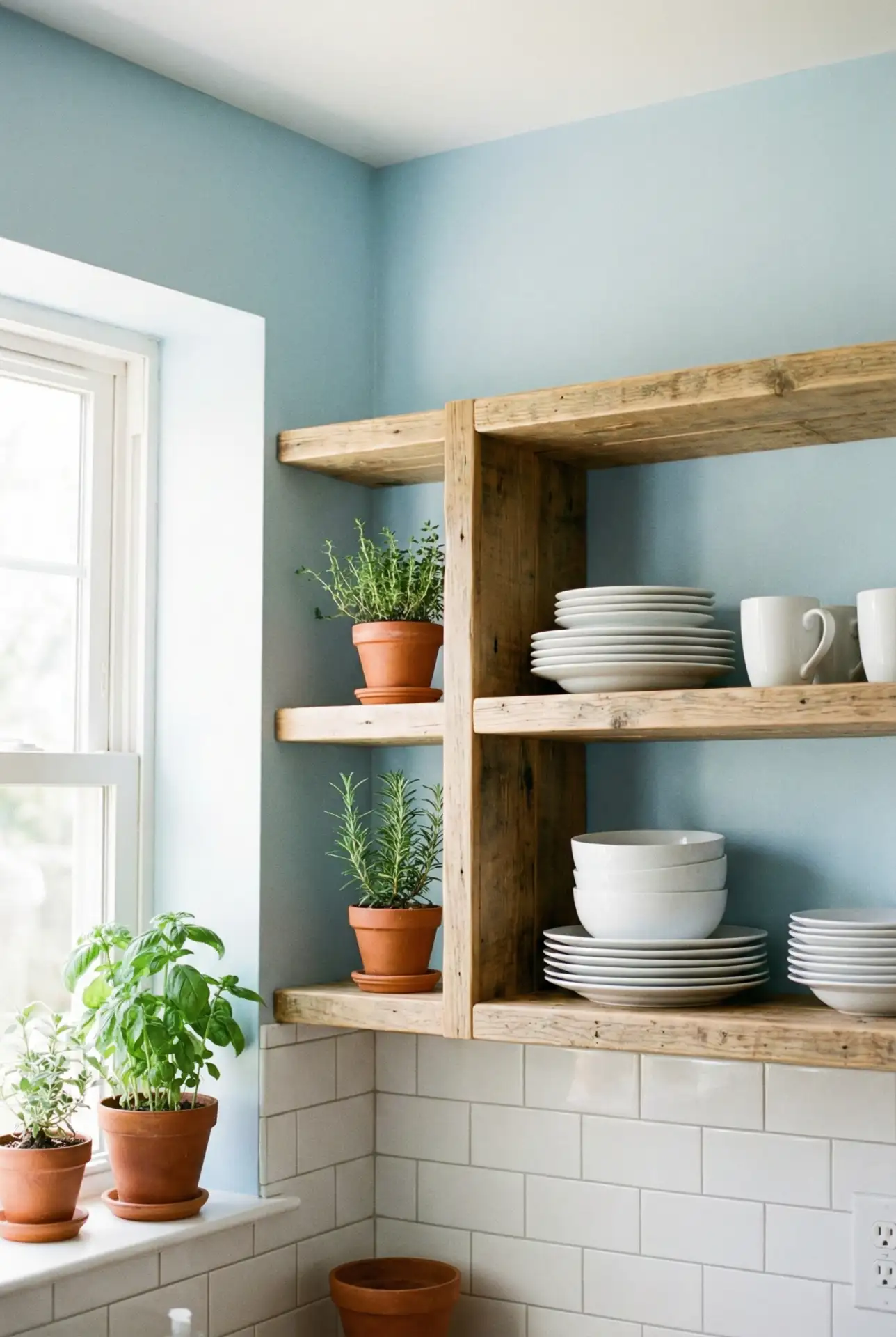Pale Blue Walls with Open Shelving 1