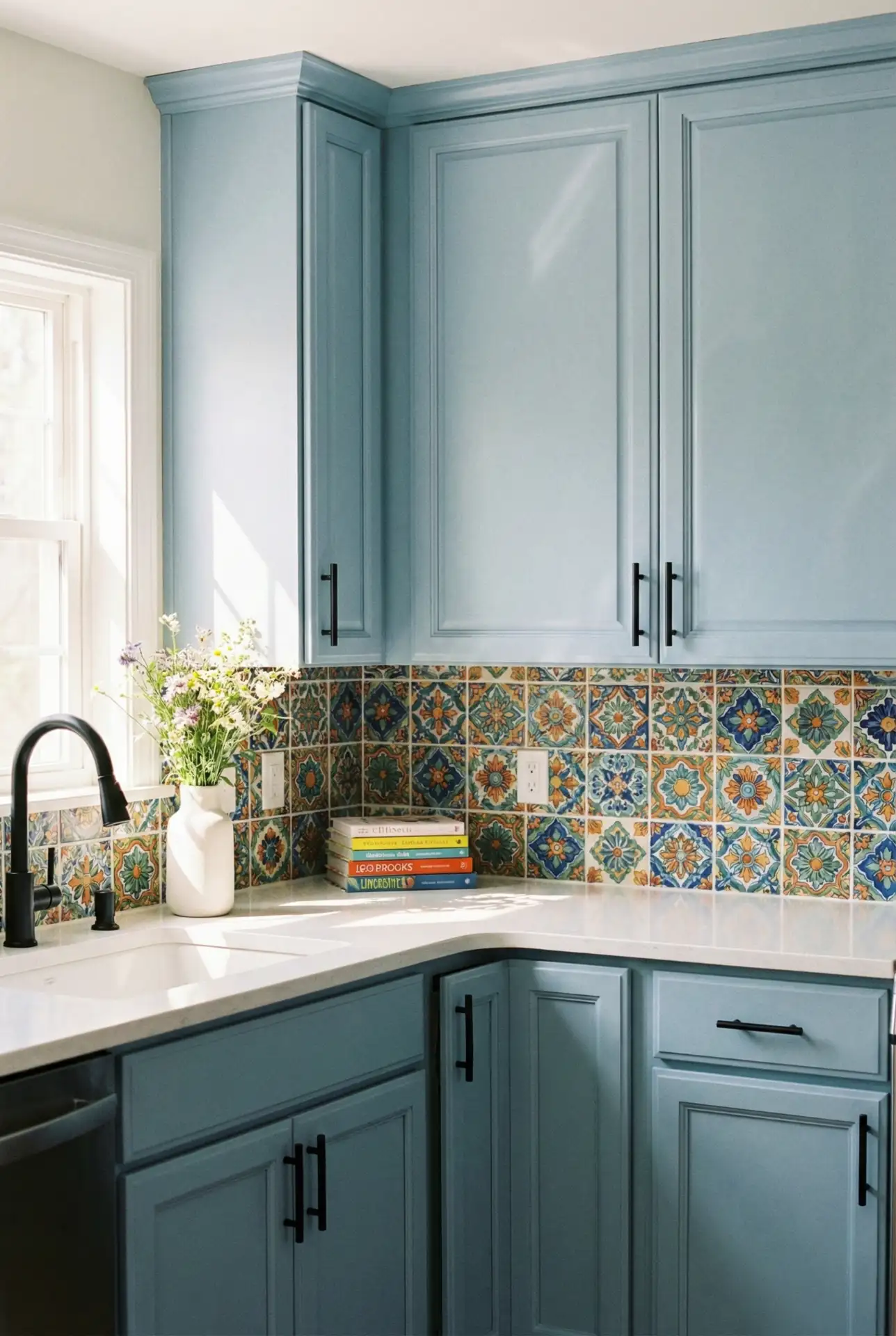 Pastel Blue Cabinets with Patterned Tile Backsplash 1