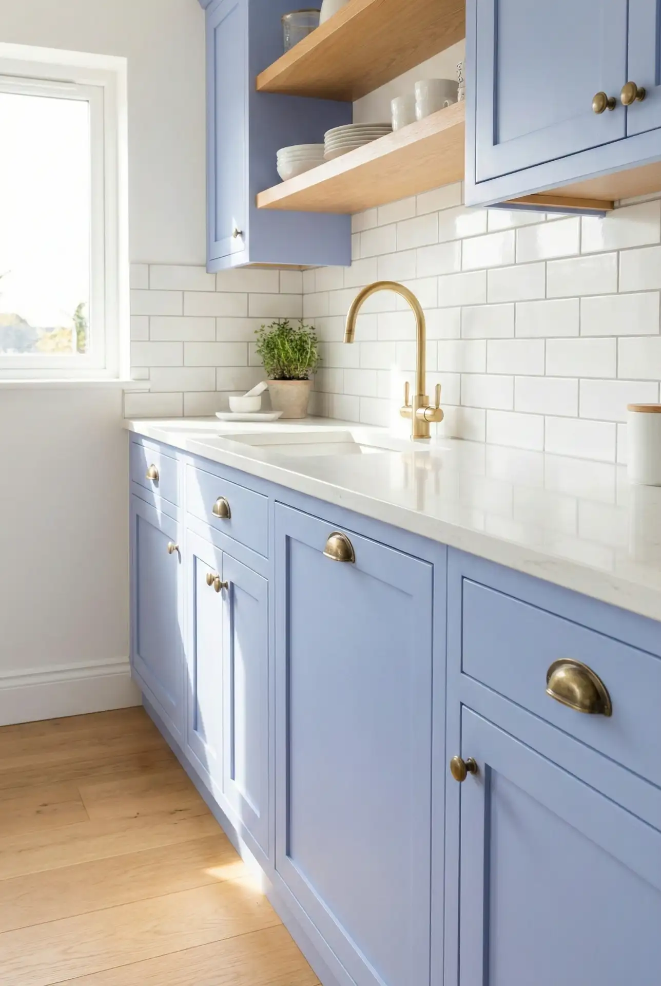 Periwinkle Blue Cabinets with White Subway Tile 1