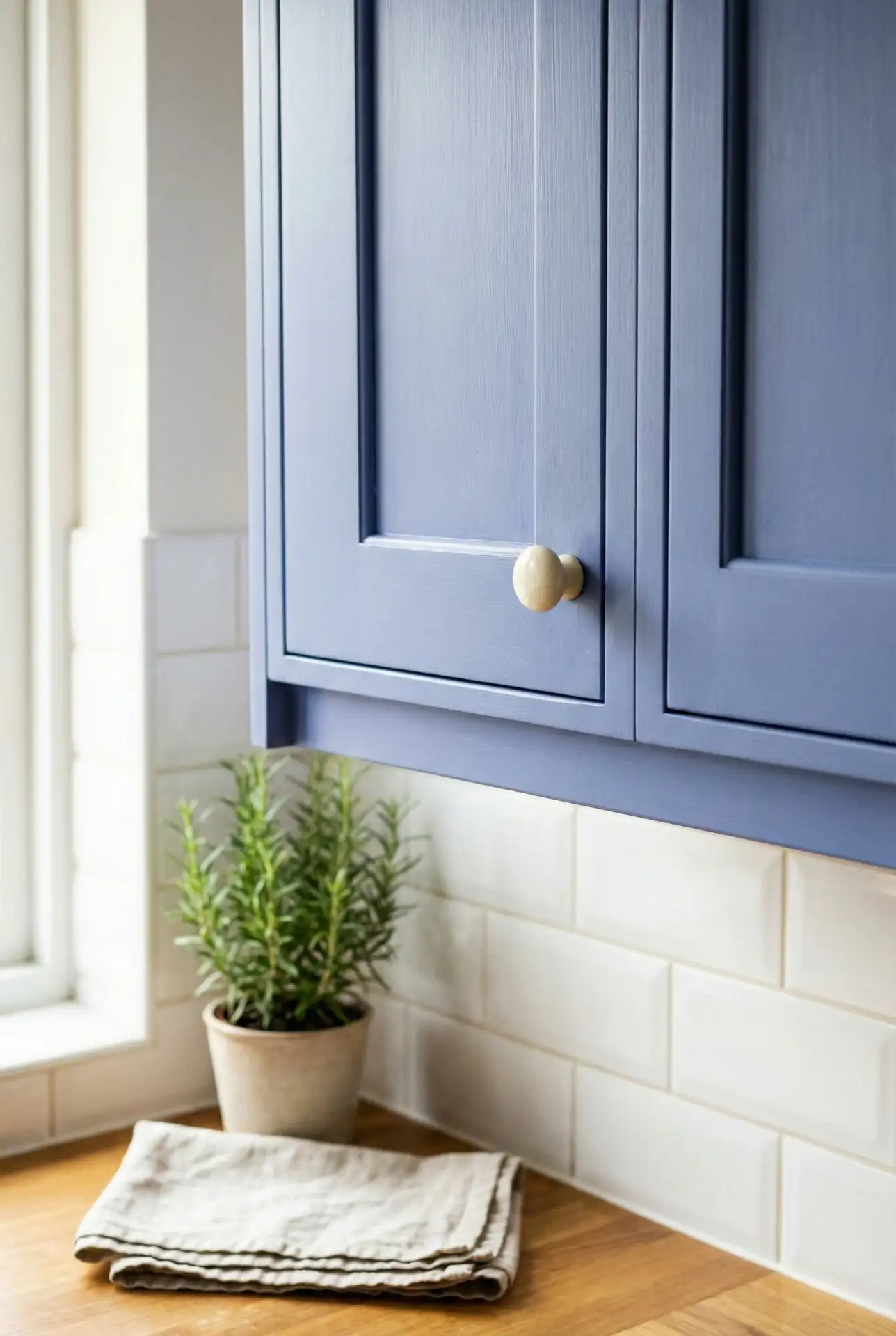 Periwinkle Blue Cabinets with White Subway Tile 2