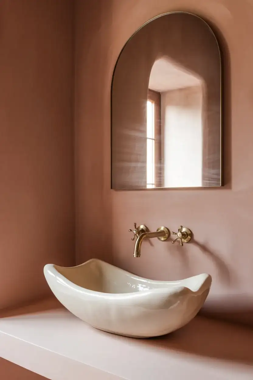 Pink Powder Room With Sculptural Sink 1