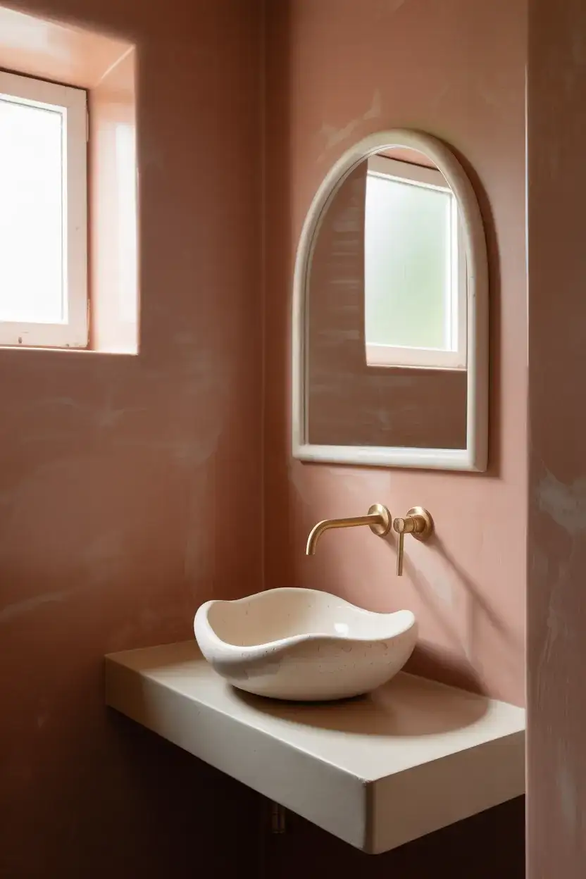 Pink Powder Room With Sculptural Sink 2