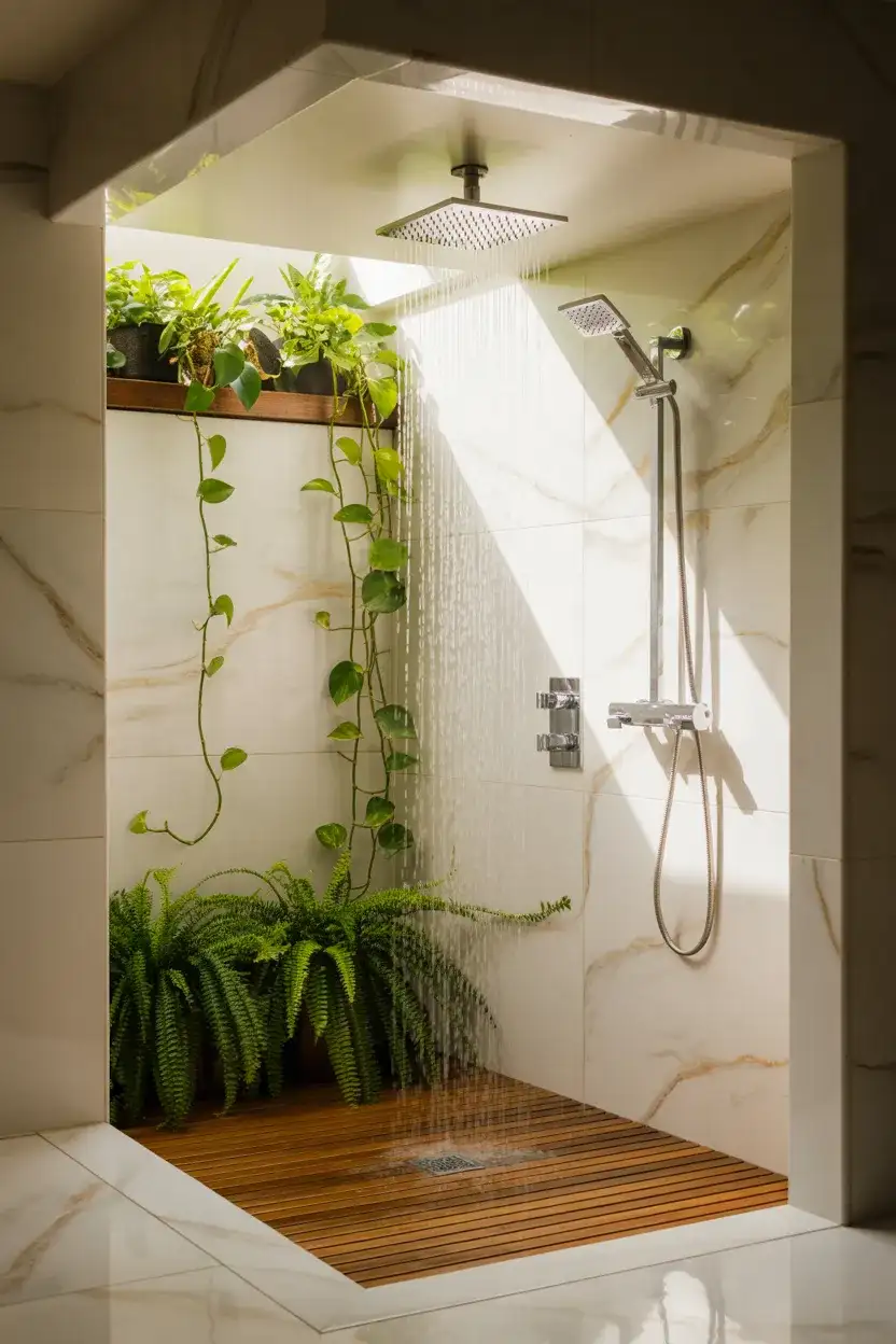 Resort-Style Walk-In with Dual Showerheads and Greenery 1