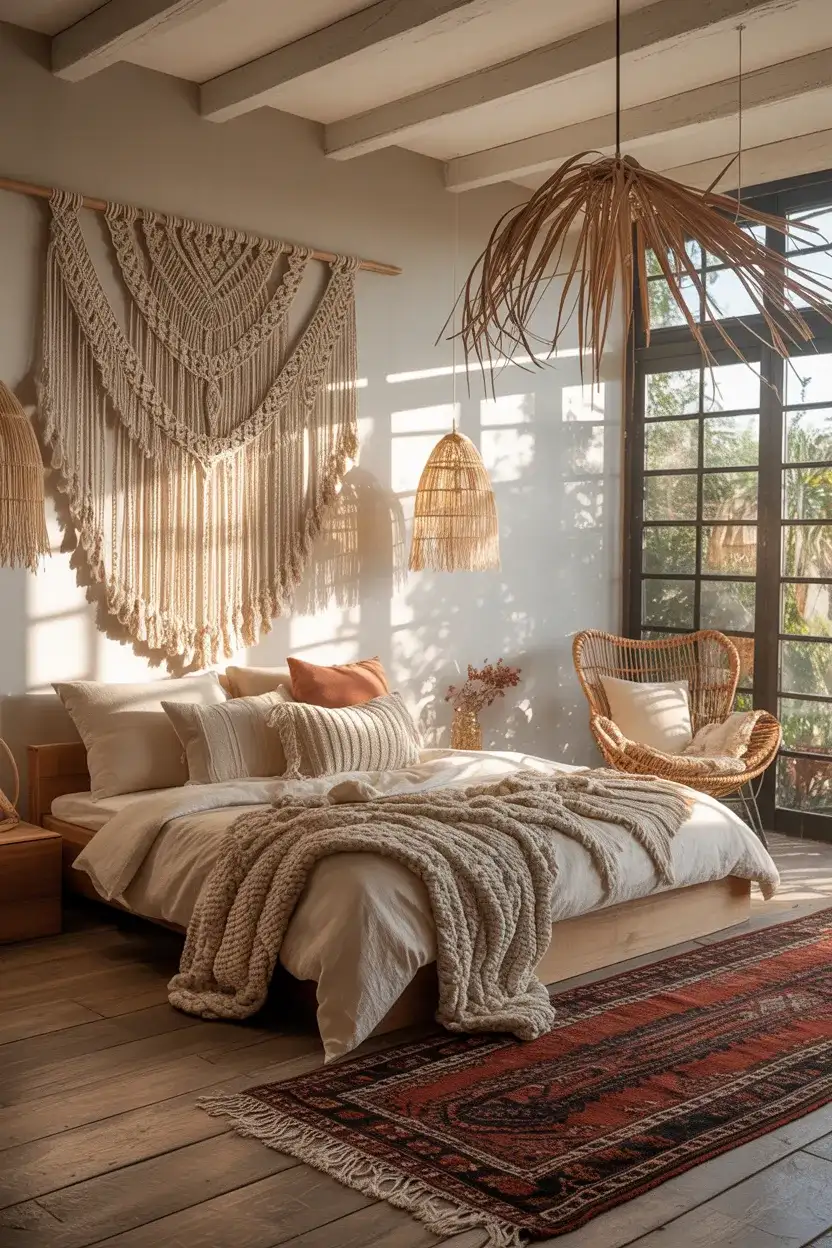 Rustic Boho Bedroom with Macramé and Rattan 1
