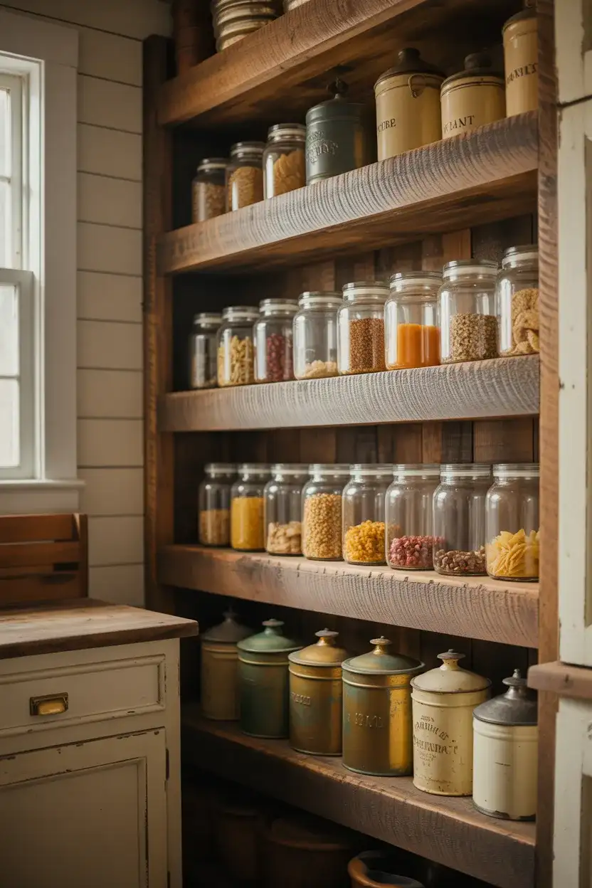 Rustic Corner Pantry with Reclaimed Wood Shelves 1