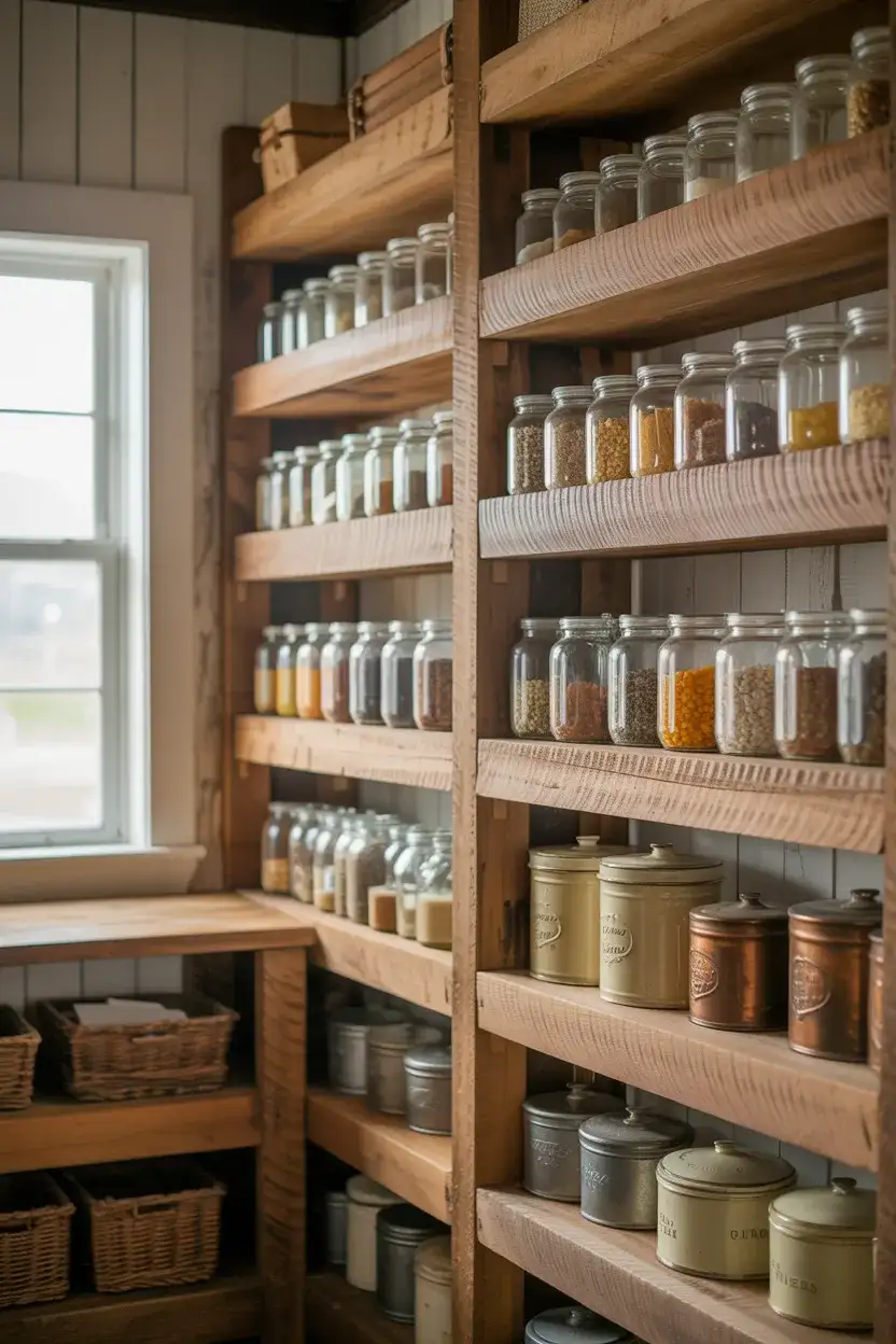 Rustic Corner Pantry with Reclaimed Wood Shelves 2