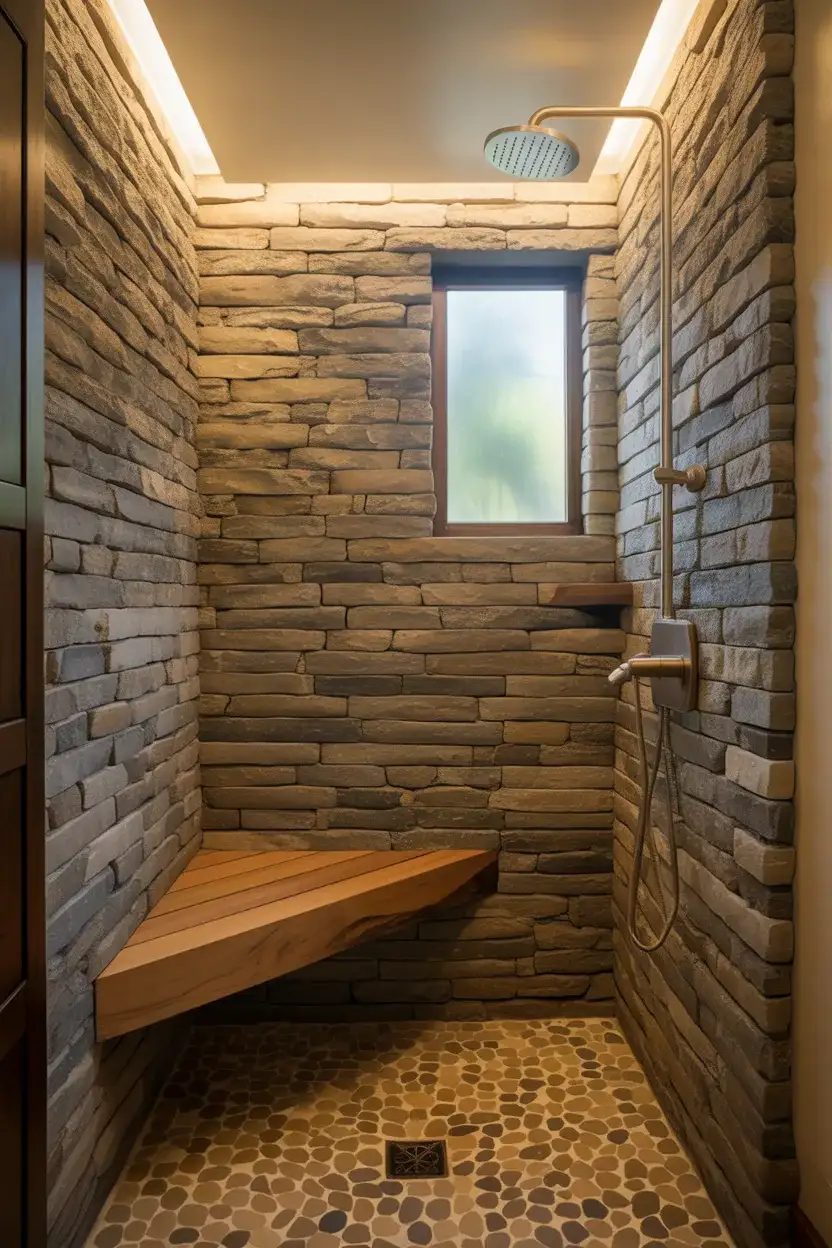 Rustic Stone Walk-In with Wooden Bench 1