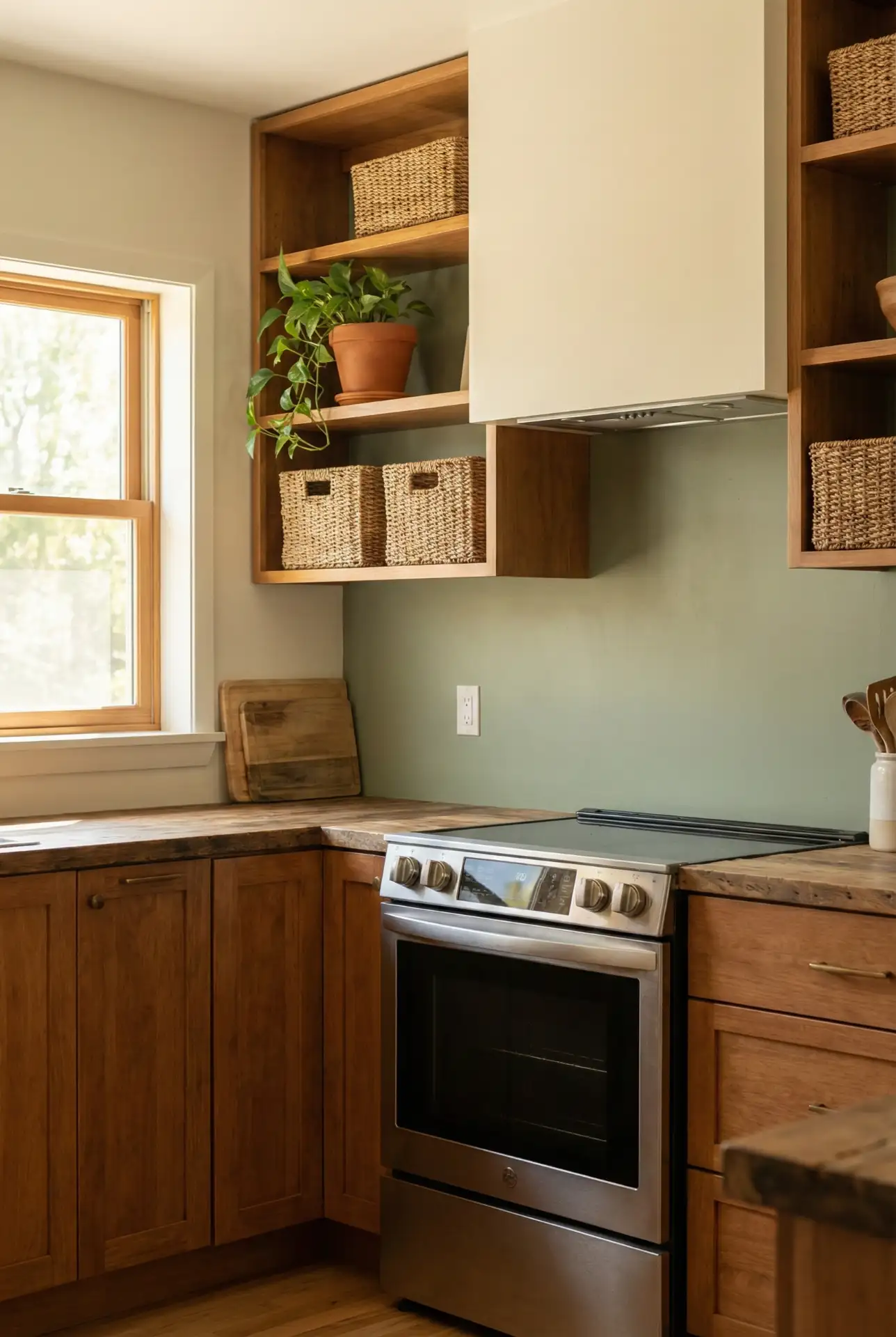 Sage Green Accent Wall with Wood Cabinets 1