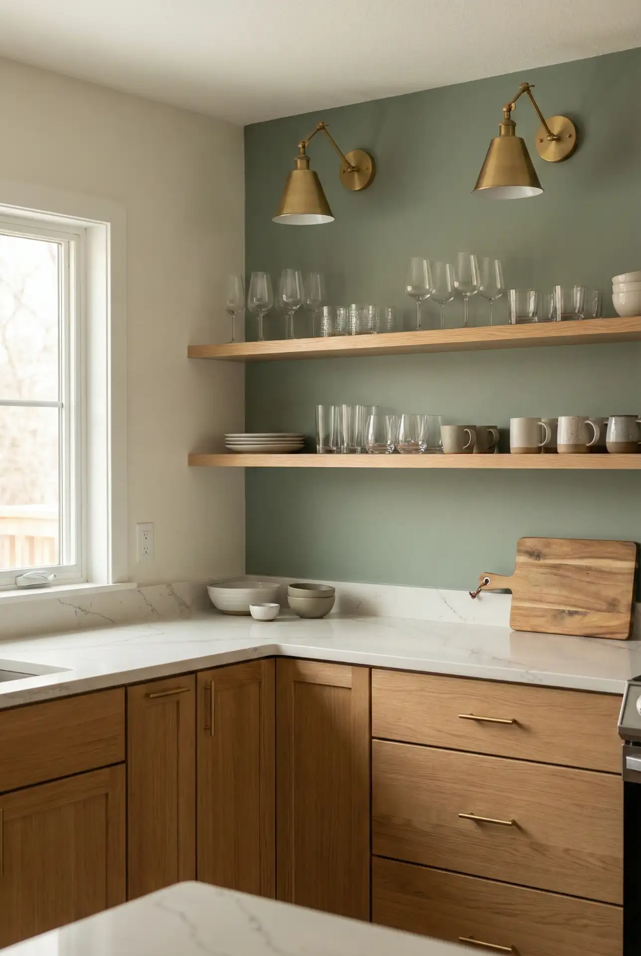 Sage Green Accent Wall with Wood Cabinets 2