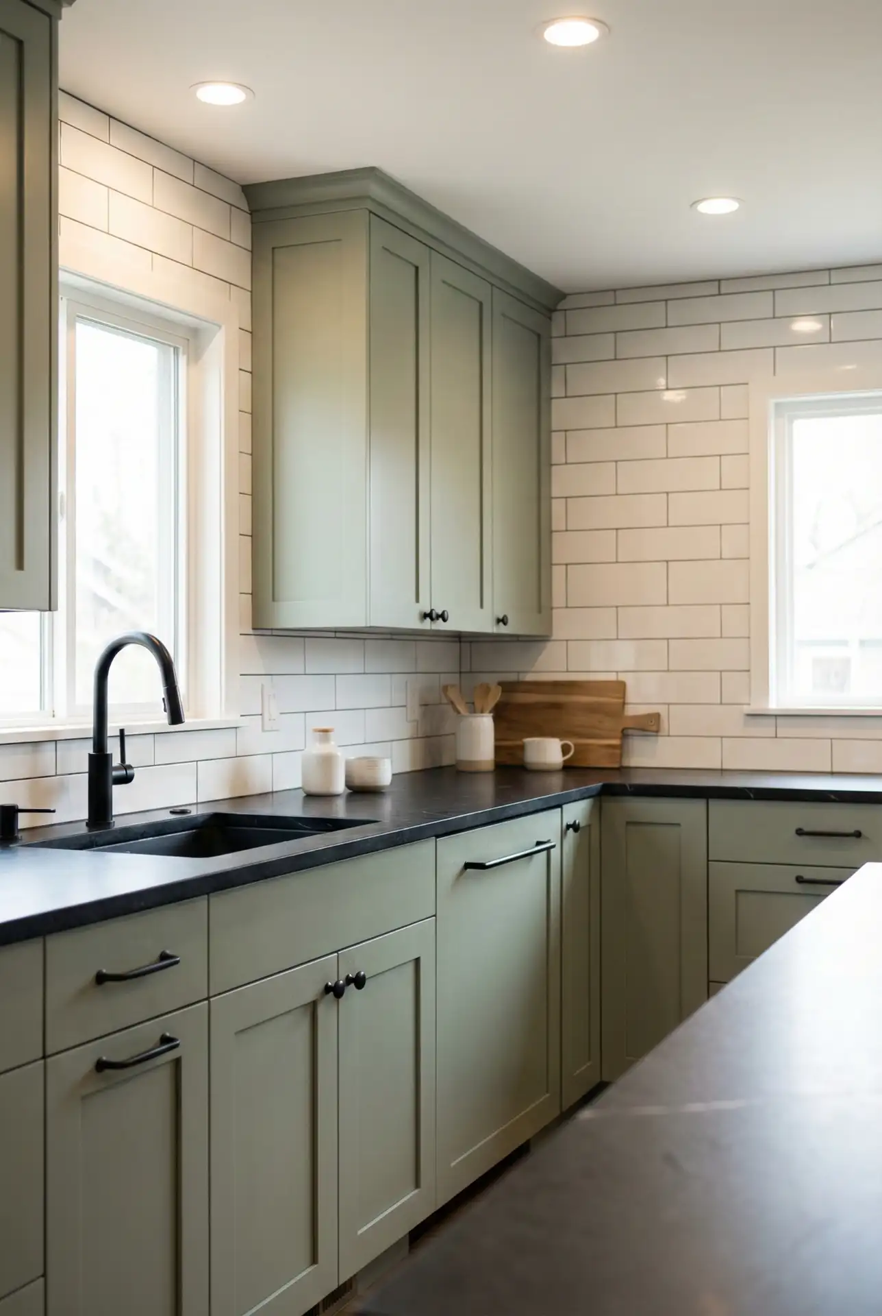 Sage Green Cabinets with Black Countertops and Matte Fixtures 1