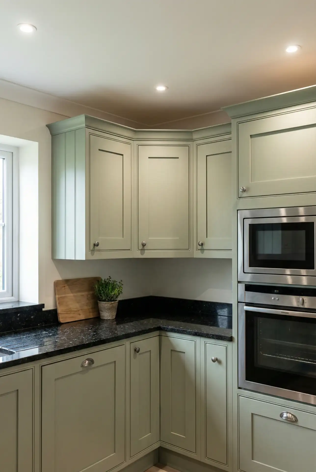 Sage Green Cabinets with Black Granite Countertops 1